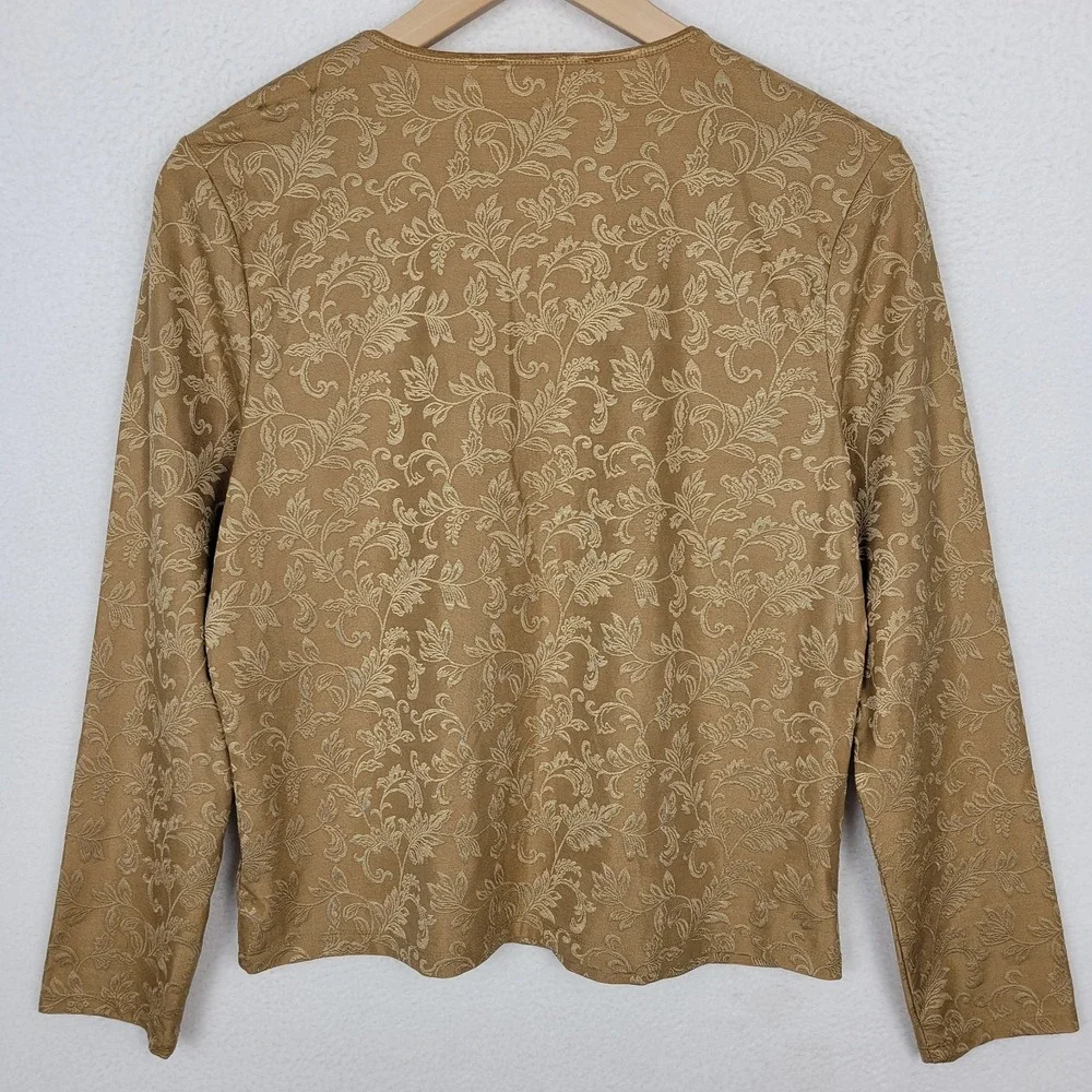 AK Anne Klein Damask Floral Jacquard Knit Top Womens M Tan Gold Boho Romantic - Picture 4 of 7